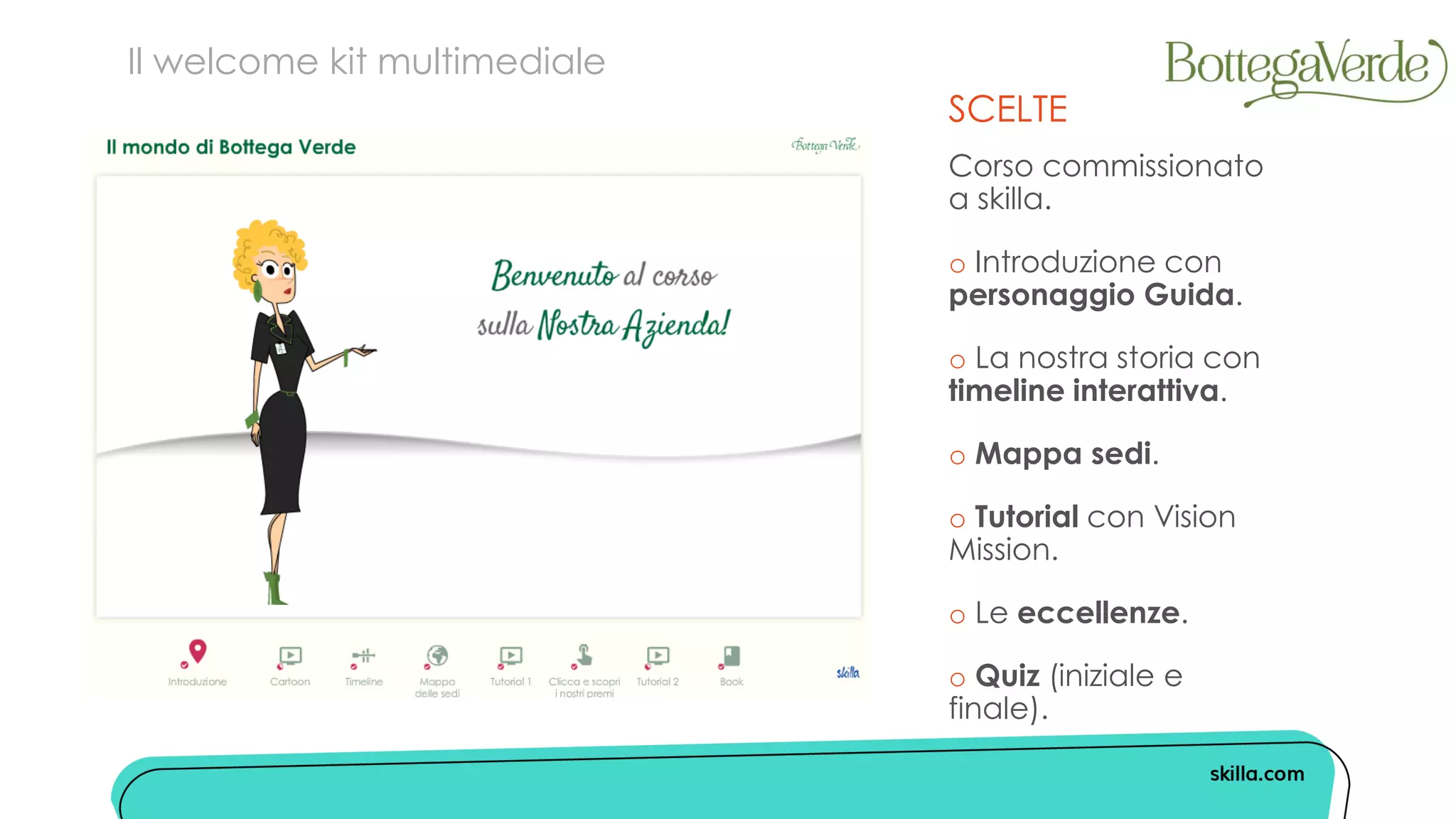 SCELTE
Corso commissionato
a skilla.
o Introduzione con
personaggio Guida.
o La nostra storia con
timeline interattiva.
o Mappa sedi.
o Tutorial con Vision
Mission.
o Le eccellenze.
o Quiz (iniziale e
finale).
Il welcome kit multimediale
 