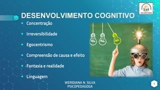 DESENVOLVIMENTO COGNITIVO
9
WERIDIANA N. SILVA
PSICOPEDAGOGA
⬥ Concentração
⬥ Irreversibilidade
⬥ Egocentrismo
⬥ Compreensão de causa e efeito
⬥ Fantasia e realidade
⬥ Linguagem
 