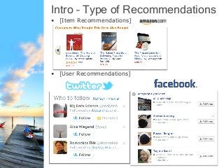 Intro – Type of Recommendations
• [Item Recommendations]
• [User Recommendations]
 