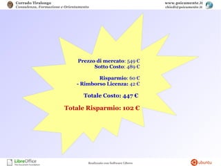 Corrado Tiralongo
Consulenza, Formazione e Orientamento
www.psicamente.it
chiedi@psicamente.it
Realizzato con Software Libero
Prezzo di mercato: 549 €
Sotto Costo: 489 €
Risparmio: 60 €
- Rimborso Licenza: 42 €
Totale Costo: 447 €
Totale Risparmio: 102 €
 