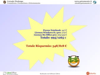 Corrado Tiralongo
Consulenza, Formazione e Orientamento
www.psicamente.it
chiedi@psicamente.it
Realizzato con Software Libero
Prezzo Notebook: 447 €
Licenza Windows 8.1 pro: 279 €
Licenza Ms Office pro: 269/539 €
Totale: 995/1265 €
Totale Risparmio: 548/818 €
 