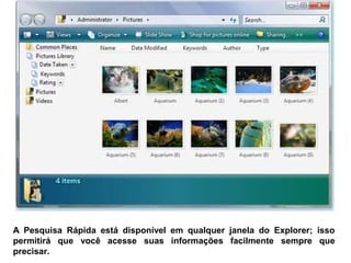A Pesquisa Rápida está disponível em qualquer janela do Explorer; isso
permitirá que você acesse suas informações facilmente sempre que
precisar.
 