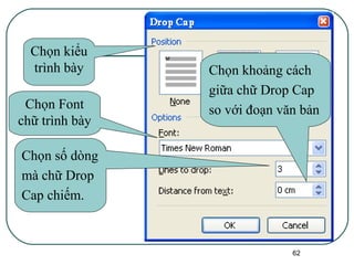 Chọn kiểu trình bày Chọn Font chữ trình bày Chọn số dòng mà chữ Drop Cap chiếm. Chọn khoảng cách giữa chữ Drop Cap so với đoạn văn bản 