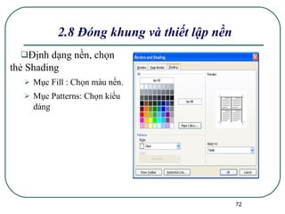 Định dạng nền, chọn thẻ Shading Mục Fill : Chọn màu nền. Mục Patterns: Chọn kiểu dáng 2.8 Đóng khung và thiết lập nền 