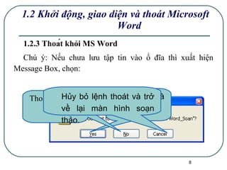 1.2.3 Thoát khỏi MS Word Chú ý: Nếu chưa lưu tập tin vào ổ đĩa thì xuất hiện  Message Box, chọn: 1.2 Khởi động, giao diện và thoát Microsoft Word Lưu tài liệu và thoát Thoát và không lưu Hủy bỏ lệnh thoát và trở về lại màn hình soạn thảo. 