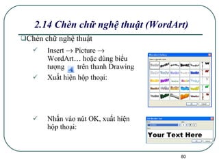2.14 Chèn chữ nghệ thuật (WordArt) Chèn chữ nghệ thuật Insert    Picture    WordArt… hoặc dùng biểu tượng  trên thanh Drawing Xuất hiện hộp thoại: Nhấn vào nút OK, xuất hiện hộp thoại: 