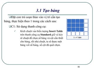 3.1 Tạo bảng Đặt con trỏ soạn thảo vào vị trí cần tạo bảng, thực hiện theo 1 trong các cách sau: C1: Sử dụng thanh công cụ: Kích chuột vào biểu tượng  Insert Table   trên thanh công cụ  Standard  giữ và kéo rê chuột để chọn số hàng và cột cần thiết cho bảng, rồi nhả chuột, ta sẽ được một bảng với số hàng, số cột đã quét chọn. 