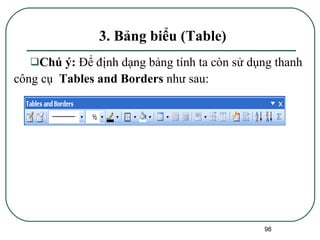 3. Bảng biểu (Table) Chú ý:  Để định dạng bảng tính ta còn sử dụng thanh công cụ  Tables and Borders  như sau: 