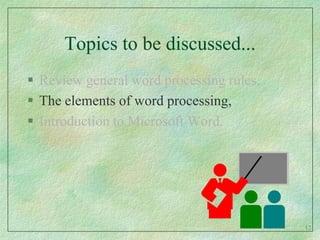 Topics to be discussed...Review general word processing rules,The elements of word processing,Introduction to Microsoft Word.12