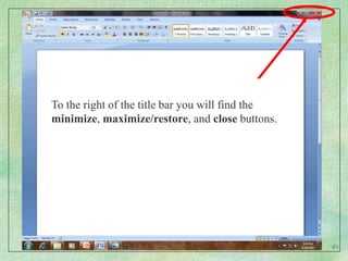 This is a typical window in Microsoft Word 2007.This large white area is called the document area.This is a typical window in Microsoft Word.This large white area is called the workspace.36