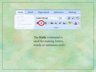 The Status Bar in the lower left of the screen will tell you what page you are on and how many words you have typed so far. 54