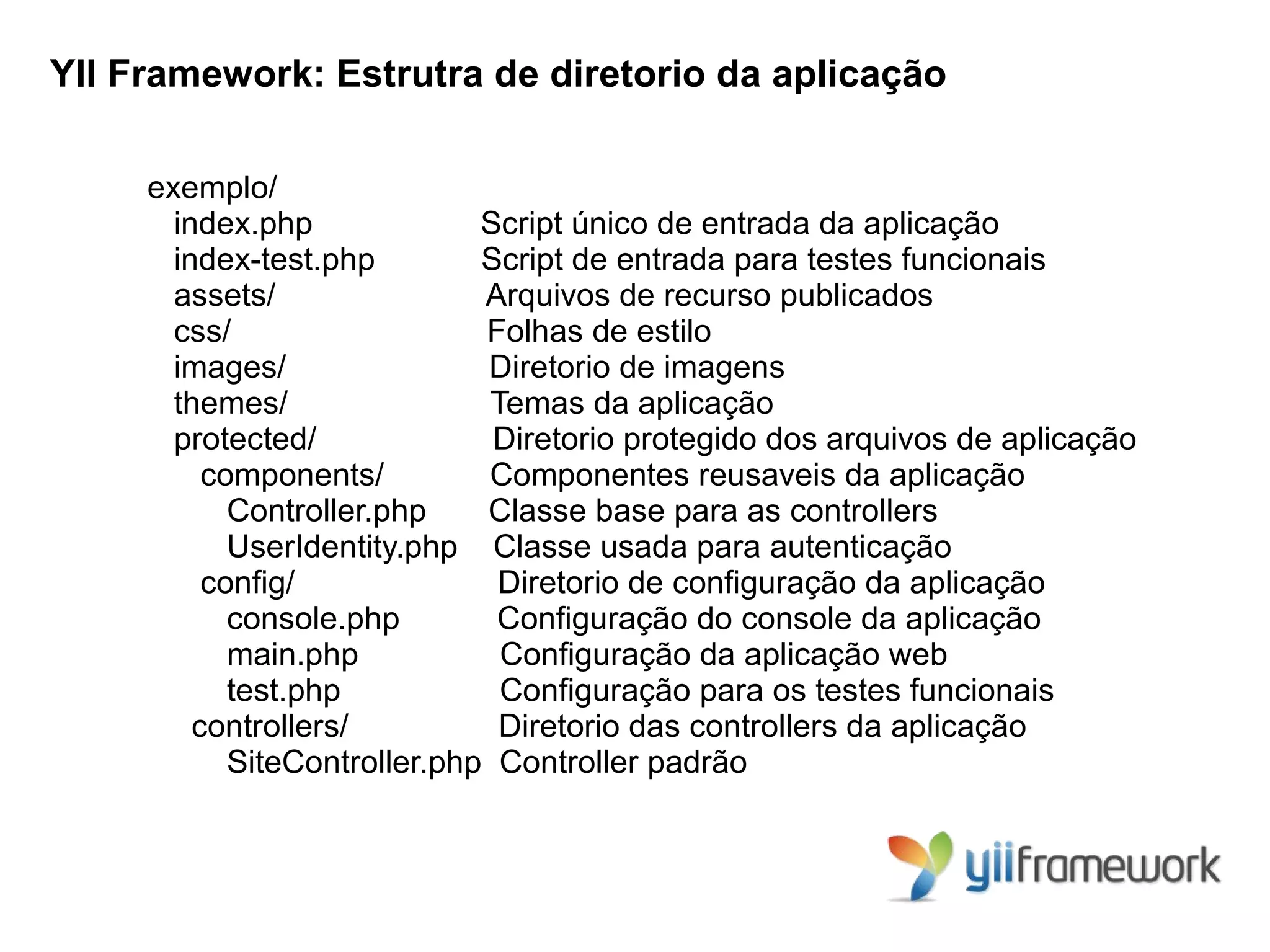 YII Framework: Estrutra de diretorio da aplicação

     exemplo/
       index.php              Script único de entrada da aplicação
       index-test.php         Script de entrada para testes funcionais
       assets/                Arquivos de recurso publicados
       css/                   Folhas de estilo
       images/                Diretorio de imagens
       themes/                Temas da aplicação
       protected/              Diretorio protegido dos arquivos de aplicação
          components/         Componentes reusaveis da aplicação
            Controller.php    Classe base para as controllers
            UserIdentity.php Classe usada para autenticação
          config/              Diretorio de configuração da aplicação
            console.php        Configuração do console da aplicação
            main.php           Configuração da aplicação web
            test.php           Configuração para os testes funcionais
         controllers/          Diretorio das controllers da aplicação
            SiteController.php Controller padrão
 