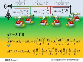 S       3                 2 S         2                    1 S             1
        I3                I       I                     I            I                       I
                3.U     3             2   3 3.U       3               1    3 3.U           3

                                                                                   2
                         2
                                               2I
                                                      2
                                                            R                  I           R
                   3I         R       ΔP2   3.            .          ΔP1    3.         .
         P3     3.                                                             3           3
                   3          3                3            3
                                                                
                                                                 S
                                  S                                                              
                                                                                                 S
                                  3                              3
                                                                                                 3




 ΔP          3.I2 R
                                                  2                                2
                                         1I             R            2I                  R           5
  ΔP'         ΔP1       ΔP2           3.              .           3.                   .               ΔP
                                         2              2            2                   2           8
                                            2                     2                        2
                                     1I R    2I R      3I R 14
  ΔP" ΔP1 ΔP2 ΔP3                 3.    . 3.    .   3.    .      ΔP
                                     3 3     3    3    3    3 27

12DLT-Group 3                                                   Da nang university of Technology
 