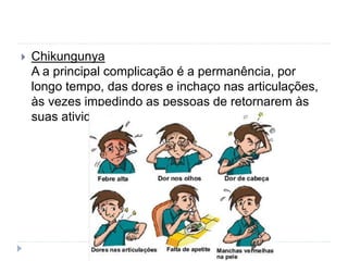  Chikungunya
A a principal complicação é a permanência, por
longo tempo, das dores e inchaço nas articulações,
às vezes impedindo as pessoas de retornarem às
suas atividades.
 