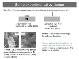 Some experimental evidence
The	
  eﬀect	
  of	
  conductor/superconductor	
  transi(on	
  on	
  dissipa(on	
  and	
  fric(on	
  of…	
  
...	
  QCM	
  adsorbates	
  
Highland	
  &	
  Krim	
  PRL	
  (2006)	
  
…pendulum	
  type	
  AFM	
  
	
  Kisiel	
  et	
  al.	
  	
  
Nature	
  Mat.	
  (2011)	
  
Fric(on	
  force	
  microscopy	
  to	
  image	
  
ferroelectric	
  domains…	
  
FFM of TGS (Tc=49.9oC): the domain
contrast disappears approaching Tc
Bluhm,	
  Schwarz	
  &	
  Wiesendanger	
  (1998)	
  
Eng	
  et	
  al.	
  (1999)	
  
The	
  presence	
  of	
  domains	
  allows	
  us	
  to	
  
control	
  the	
  local	
  value	
  of	
  the	
  fric(on	
  
coeﬃcient	
  using	
  temperature,	
  electric	
  
ﬁelds	
  or	
  stress	
  ﬁelds.	
  
 