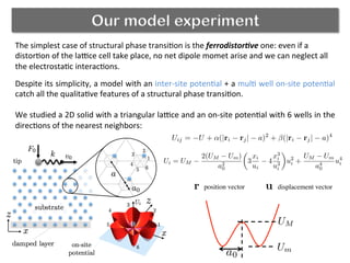 Our model experiment
Uij = −U + α(|ri − rj| − a)2
+ β(|ri − rj| − a)4
Ui = UM −
2(UM − Um)
a2
0

3
xi
ui
− 4
x3
i
u3
i

u2
i +
UM − Um
a4
0
u4
i
	
  
	
  
a0
UM
Um
The	
  simplest	
  case	
  of	
  structural	
  phase	
  transi(on	
  is	
  the	
  ferrodistor)ve	
  one:	
  even	
  if	
  a	
  
distor(on	
  of	
  the	
  la`ce	
  cell	
  take	
  place,	
  no	
  net	
  dipole	
  momet	
  arise	
  and	
  we	
  can	
  neglect	
  all	
  
the	
  electrosta(c	
  interac(ons.	
  	
  	
  	
  	
  
Despite	
  its	
  simplicity,	
  a	
  model	
  with	
  an	
  inter-­‐site	
  poten(al	
  +	
  a	
  mul(	
  well	
  on-­‐site	
  poten(al	
  
catch	
  all	
  the	
  qualita(ve	
  features	
  of	
  a	
  structural	
  phase	
  transi(on.	
  
	
  
We	
  studied	
  a	
  2D	
  solid	
  with	
  a	
  triangular	
  la`ce	
  and	
  an	
  on-­‐site	
  poten(al	
  with	
  6	
  wells	
  in	
  the	
  
direc(ons	
  of	
  the	
  nearest	
  neighbors:	
  	
  	
  
r uposition vector	

 displacement vector	

 