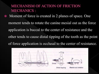  Moment of force is created in 2 planes of space. One
moment tends to rotate the canine mesial out as the force
application is buccal to the center of resistance and the
other tends to cause distal tipping of the tooth as the point
of force application is occlusal to the center of resistance.
 