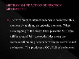  The wire bracket interaction tends to counteract this
moment by applying an opposite moment. When
distal tipping of the crown takes place the M/F ratio
will be around 7:1, the tooth slides along the
archwire till binding occurs between the archwire and
the bracket. This produces a COUPLE at the bracket.
 