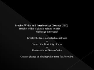 Bracket Width and Interbracket Distance (IBD)
Bracket width is closely related to IBD
Narrower the bracket

Greater the length of interbracket wire

Greater the flexibility of wire

Decrease in stiffness of wire

Greater chance of binding with more flexible wire.
 
