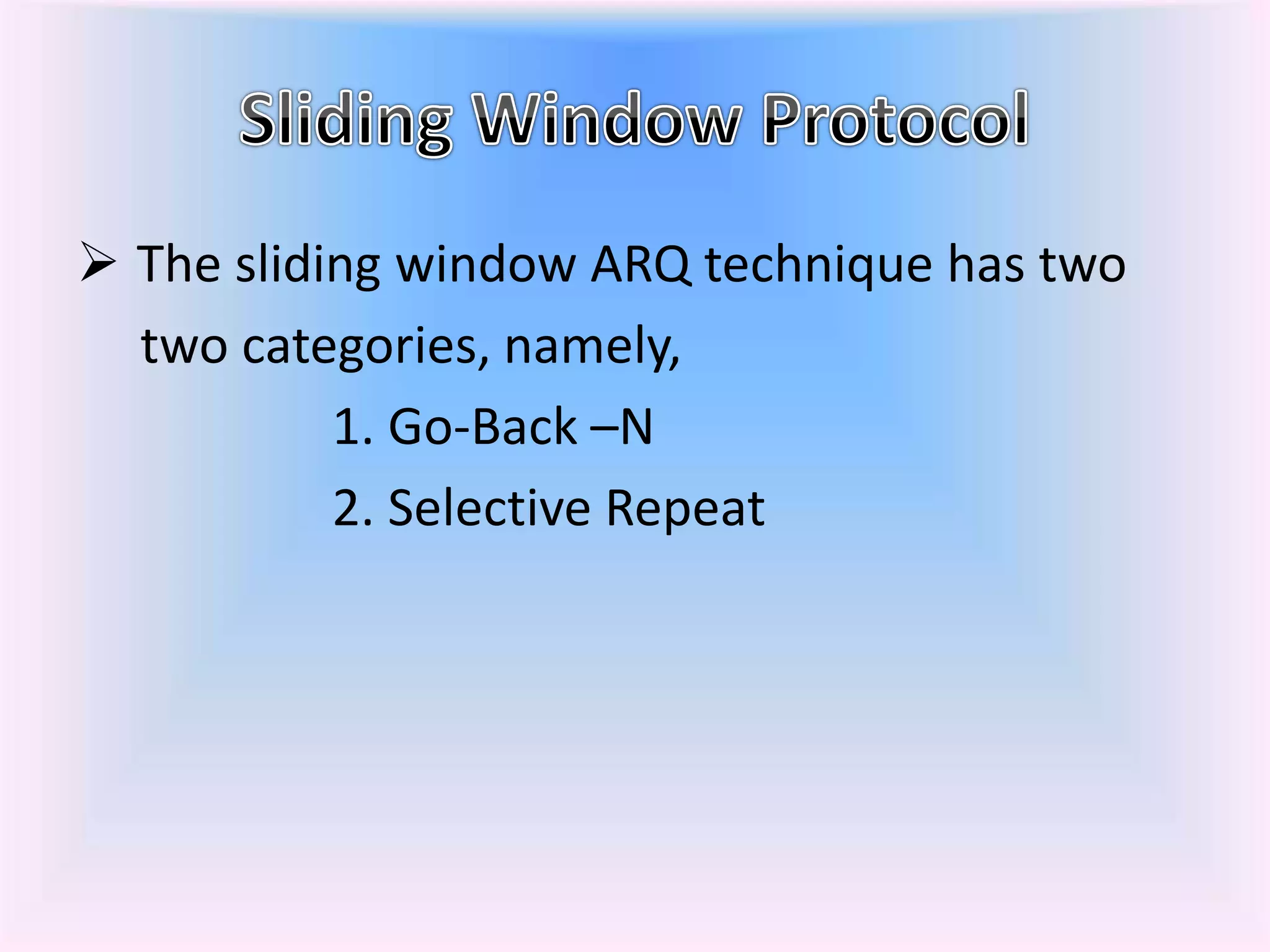  The sliding window ARQ technique has two
two categories, namely,
1. Go-Back –N
2. Selective Repeat
 