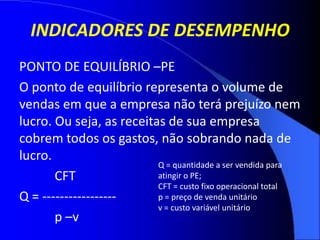 INDICADORES DE DESEMPENHO
PONTO DE EQUILÍBRIO –PE
O ponto de equilíbrio representa o volume de
vendas em que a empresa não terá prejuízo nem
lucro. Ou seja, as receitas de sua empresa
cobrem todos os gastos, não sobrando nada de
lucro.
CFT
Q = -----------------
p –v
Q = quantidade a ser vendida para
atingir o PE;
CFT = custo fixo operacional total
p = preço de venda unitário
v = custo variável unitário
 