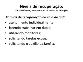 Níveis de recuperação:
Em sala de aula, na escola e na Secretária de Educação
Formas de recuperação na sala de aula
• atendimento individualmente;
• fazendo trabalhar em dupla;
• utilizando monitores;
• solicitando tarefas extras;
• solicitando o auxílio da família.
 