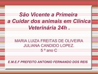São Vicente a Primeira
a Cuidar dos animais em Clínica
        Veterinária 24h .

   MARIA LUIZA FREITAS DE OLIVEIRA
      JULIANA CANDIDO LOPEZ.
               5 º ano C

E.M.E.F PREFEITO ANTONIO FERNANDO DOS REIS
 