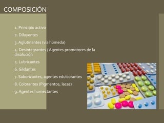 COMPOSICIÓN 
 1. Principio activo 
 2. Diluyentes 
 3. Aglutinantes (vía húmeda) 
 4. Desintegrantes / Agentes promotores de la 
disolución 
 5. Lubricantes 
 6. Glidantes 
 7. Saborizantes, agentes edulcorantes 
 8. Colorantes (Pigmentos, lacas) 
 9. Agentes humectantes 
 