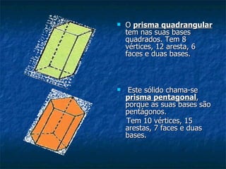O  prisma quadrangular  tem nas suas bases quadrados. Tem 8 vértices, 12 aresta, 6 faces e duas bases. Este sólido chama-se  prisma pentagonal , porque as suas bases são pentágonos.  Tem 10 vértices, 15 arestas, 7 faces e duas bases. 