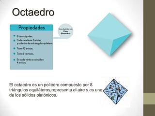 OctaedroEl octaedro es un poliedro compuesto por 8 triángulos equiláteros,representa el aire y es uno de los sólidos platónicos.