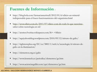 Fuentes de Información :
        http://blog.hola.com/farmaciameritxell/2012/01/el-silicio-un-mineral-
         indispensable-para-el-buen-funcionamiento-del-organismo.html

        http://www.silicio.com.do/2011/07/silicio-com-do-todo-lo-que-necesitas-
         saber-sobre-tecnologia-en-rd/

        http://atomos3veritas.wikispaces.com/Si+-+Silicio

        http://aquiyahorablog.wordpress.com/2010/09/12/nitruro-de-galio/

        http://rightnowplus.org/EC/es/3883/1/web/n/tecnologia/el-nitruro-de-
         galio-en-la-iluminacion/

        http://elementos.org.es/galio

        http://www.lenntech.es/periodica/elementos/ge.htm

        http://www.acienciasgalilei.com/qui/elementos/ge.htm

ALUMNA : SALCEDO HERNANDEZ MONICA GABRIELA
 