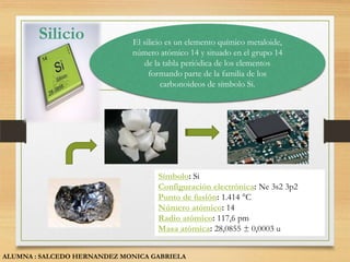 Silicio              El silicio es un elemento químico metaloide,
                             número atómico 14 y situado en el grupo 14
                                 de la tabla periódica de los elementos
                                  formando parte de la familia de los
                                      carbonoideos de símbolo Si.




                                    Símbolo: Si
                                    Configuración electrónica: Ne 3s2 3p2
                                    Punto de fusión: 1.414 °C
                                    Número atómico: 14
                                    Radio atómico: 117,6 pm
                                    Masa atómica: 28,0855 ± 0,0003 u


ALUMNA : SALCEDO HERNANDEZ MONICA GABRIELA
 