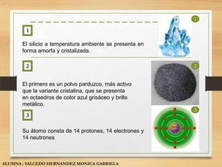 1

        1

       El silicio a temperatura ambiente se presenta en
       forma amorfa y cristalizada.

        2                                                 2


       El primero es un polvo parduzco, más activo
       que la variante cristalina, que se presenta
       en octaedros de color azul grisáceo y brillo
       metálico.
                                                          3
        3

       Su átomo consta de 14 protones, 14 electrones y
       14 neutrones



ALUMNA : SALCEDO HERNANDEZ MONICA GABRIELA
 