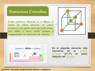 Estructura Cristalina

      Como podemos observar en el dibujo, el
      átomo de silicio presenta un enlace
      covalente, esto quiere decir que cada átomo
      está unido a otros cuatro átomos y
      compartiendo sus electrones de valencia.




                                               Es el segundo elemento más
                                               abundante    en    la corteza
                                               terrestre (27,7% en peso)
                                               después del oxígeno.




ALUMNA : SALCEDO HERNANDEZ MONICA GABRIELA
 