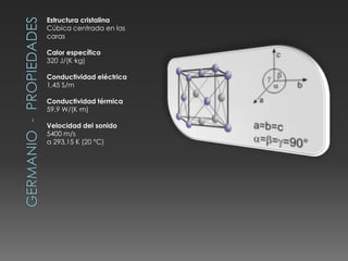 Estructura cristalina
Cúbica centrada en las
caras
Calor específico
320 J/(K·kg)
Conductividad eléctrica
1,45 S/m
Conductividad térmica
59,9 W/(K·m)
Velocidad del sonido
5400 m/s
a 293,15 K (20 °C)
 