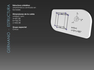 Estructura cristalina:
ortorrómbica centrada en
las bases
Dimensiones de la celda
unidad / pm:
a=451.86
b=765.70
c=452.58
Grupo espacial:
Cmca
 