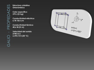 Estructura cristalina
Ortorrómbica
Calor específico
370 J/(K·kg)
Conductividad eléctrica
6,78 106 S/m
Conductividad térmica
40,6 W/(K·m)
Velocidad del sonido
2740 m/s
a 293,15 K (20 °C)
 