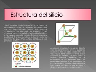 Como podemos observar en el dibujo, el átomo de 
silicio presenta un enlace covalente, esto quiere decir 
que cada átomo está unido a otros cuatro átomos y 
compartiendo sus electrones de valencia. Es así, 
porque de otra manera el silicio no tendría el equilibrio 
en la capa de valencia, necesita 8 electrones para su 
estabilidad. El enlace covalente lo forman todos los 
elementos del grupo IV de la tabla periódica, al cual 
pertenece el silicio. 
Al aplicarle energía externa, ya sea de calor 
o de luz, se rompen los enlaces quedando 
un electrón libre por cada enlace roto, pero 
a su vez, se tiene un hueco vacío, el que 
ocupaba el electrón. De esta forma se 
obtiene corriente eléctrica, por el 
movimiento de los electrones hacía los 
potenciales positivos y del movimiento de 
los huecos hacía los potenciales negativos. 
Esto sucede así siempre que se utiliza al 
silicio como un semiconductor intrínseco. 
 