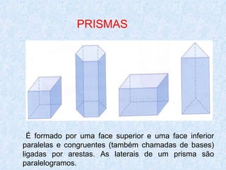 PRISMAS




  É formado por uma face superior e uma face inferior
paralelas e congruentes (também chamadas de bases)
ligadas por arestas. As laterais de um prisma são
paralelogramos.
 