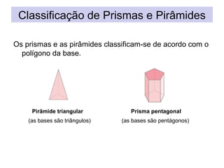 Classificação de Prismas e Pirâmides
Os prismas e as pirâmides classificam-se de acordo com o
polígono da base.
Pirâmide triangular Prisma pentagonal
(as bases são triângulos) (as bases são pentágonos)
 