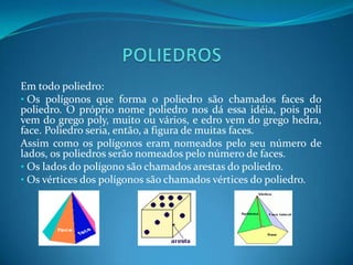  cada lado de um polígono é comum a dois e somente dois polígonos.POLIEDROSEm todo poliedro: Os polígonos que forma o poliedro são chamados faces do poliedro. O próprio nome poliedro nos dá essa idéia, pois poli vem do grego poly, muito ou vários, e edro vem do grego hedra, face. Poliedro seria, então, a figura de muitas faces.Assim como os polígonos eram nomeados pelo seu número de lados, os poliedros serão nomeados pelo número de faces.  Os lados do polígono são chamados arestas do poliedro.