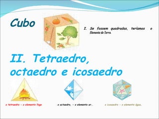 Cubo I. Se fossem quadradas, teríamos  o  Elemento da Terra. II. Tetraedro, octaedro e icosaedro  o tetraedro - o elemento fogo  o octaedro, - o elemento ar..  o icosaedro - o elemento água . 
