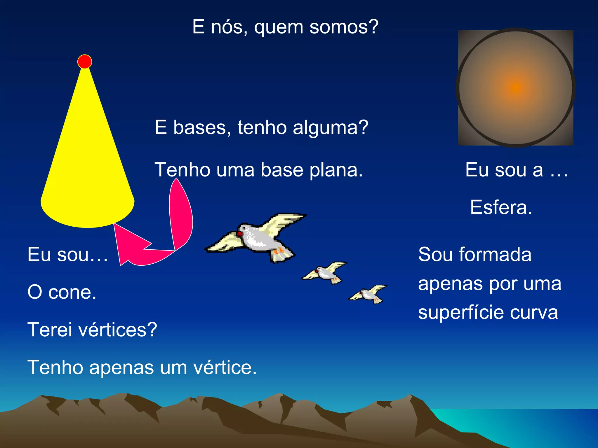 E nós, quem somos? Eu sou a … Eu sou… O cone. Terei vértices? Tenho apenas um vértice. E bases, tenho alguma? Tenho uma base plana. Esfera. Sou formada apenas por uma superfície curva 
