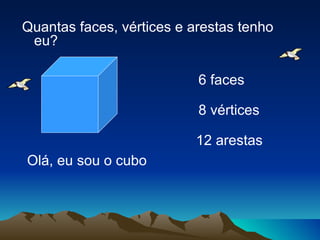 Quantas faces, vértices e arestas tenho
 eu?

                           6 faces

                           8 vértices

                          12 arestas
Olá, eu sou o cubo
 