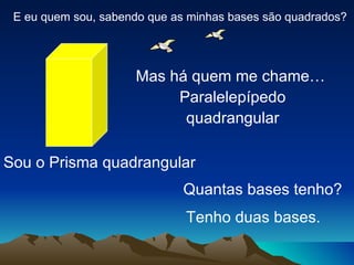 E eu quem sou, sabendo que as minhas bases são quadrados?




                     Mas há quem me chame…
                          Paralelepípedo
                           quadrangular

Sou o Prisma quadrangular
                              Quantas bases tenho?
                              Tenho duas bases.
 