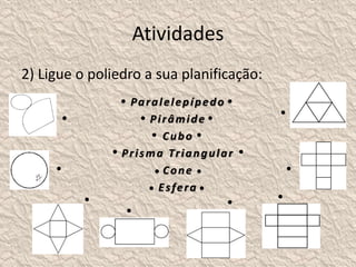 Atividades 
2) Ligue o poliedro a sua planificação: 
Paral e l epípedo 
Pi râmide 
Cubo 
Pr i sma Tr iangular 
Cone 
E s fe ra 
 