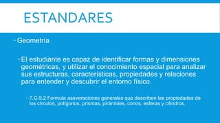 ESTANDARES
 Geometría
 El estudiante es capaz de identificar formas y dimensiones
geométricas, y utilizar el conocimiento espacial para analizar
sus estructuras, características, propiedades y relaciones
para entender y descubrir el entorno físico.
 7.G.9.2 Formula aseveraciones generales que describen las propiedades de
los círculos, polígonos, prismas, pirámides, conos, esferas y cilindros.
 