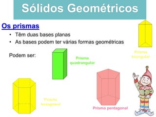 Sólidos Geométricos
Os prismas
• Têm duas bases planas
• As bases podem ter várias formas geométricas
Podem ser:
Prisma
he...