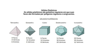 Sólidos Platônicos
Os sólidos platônicos são poliedros regulares em que suas
faces são formadas por polígonos regulares e congruentes.
 