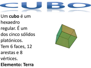 Um cubo é um
hexaedro
regular. É um
dos cinco sólidos
platónicos.
Tem 6 faces, 12
arestas e 8
vértices.
Elemento: Terra
 